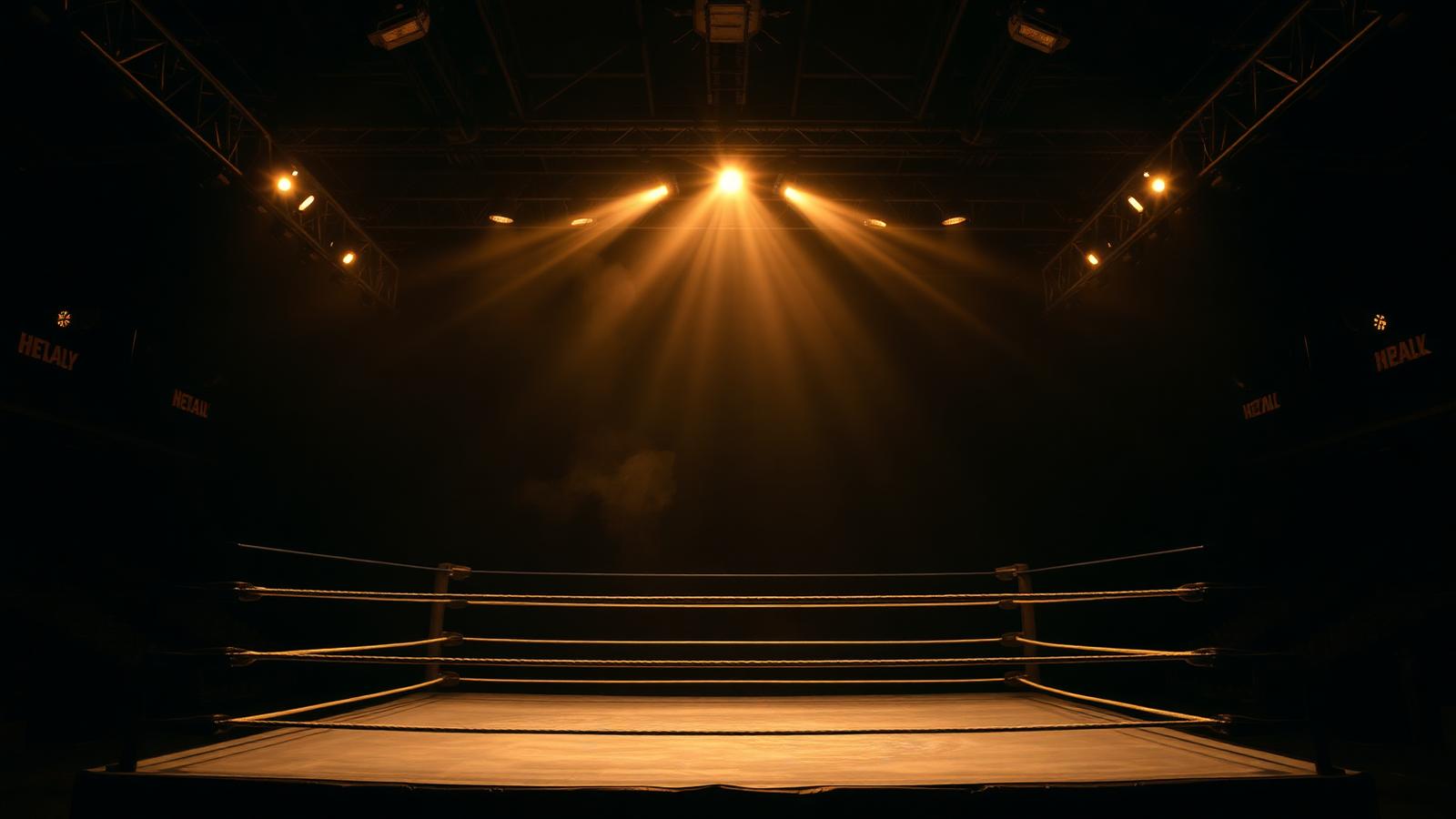 Empty independent wrestling ring under a spotlight